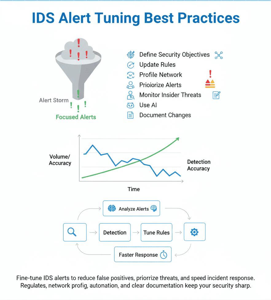 A visual summary of IDS alert tuning best practices, highlighting the relationship between alert volume, accuracy, and incident response.