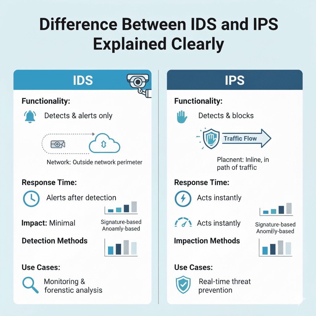 "Infographic detailing the differences between IDS and IPS, outlining their functionalities, response times, and use cases."