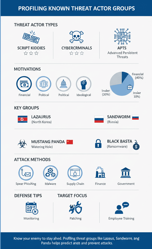"An infographic profiling various threat actor groups in cybersecurity, detailing their motivations, key groups, attack methods, and target focus."