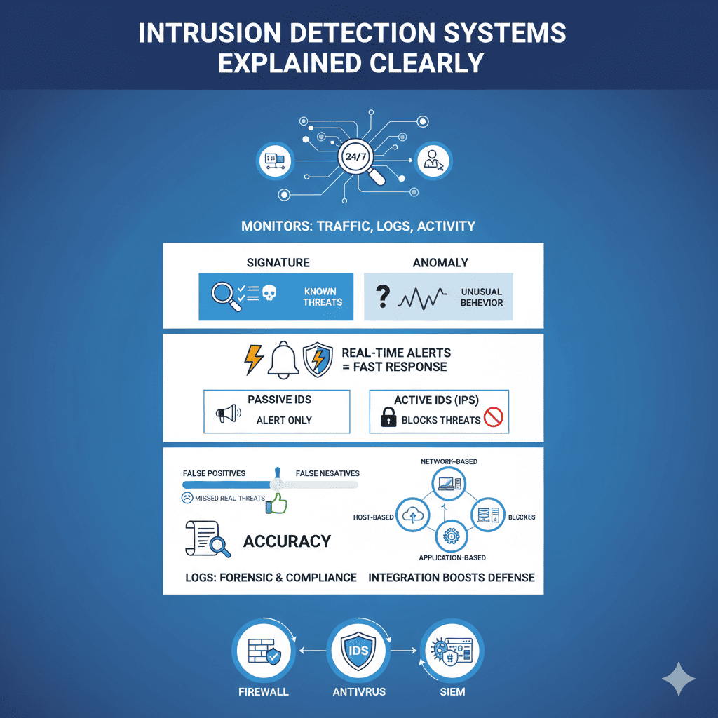 "Infographic explaining intrusion detection systems, detailing monitoring techniques and accuracy metrics in a clear layout."