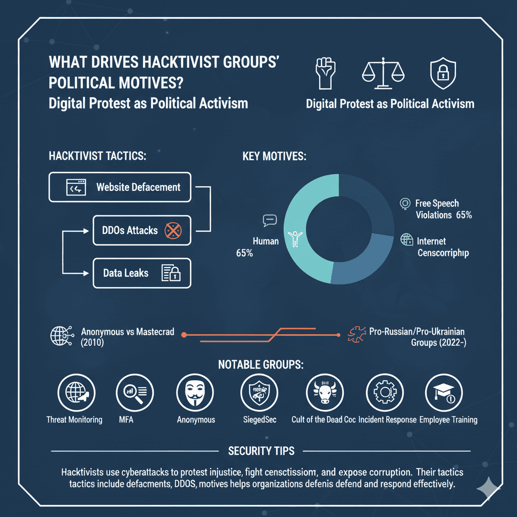 "An infographic detailing the political motives behind hacktivist groups, featuring tactics and key statistics."