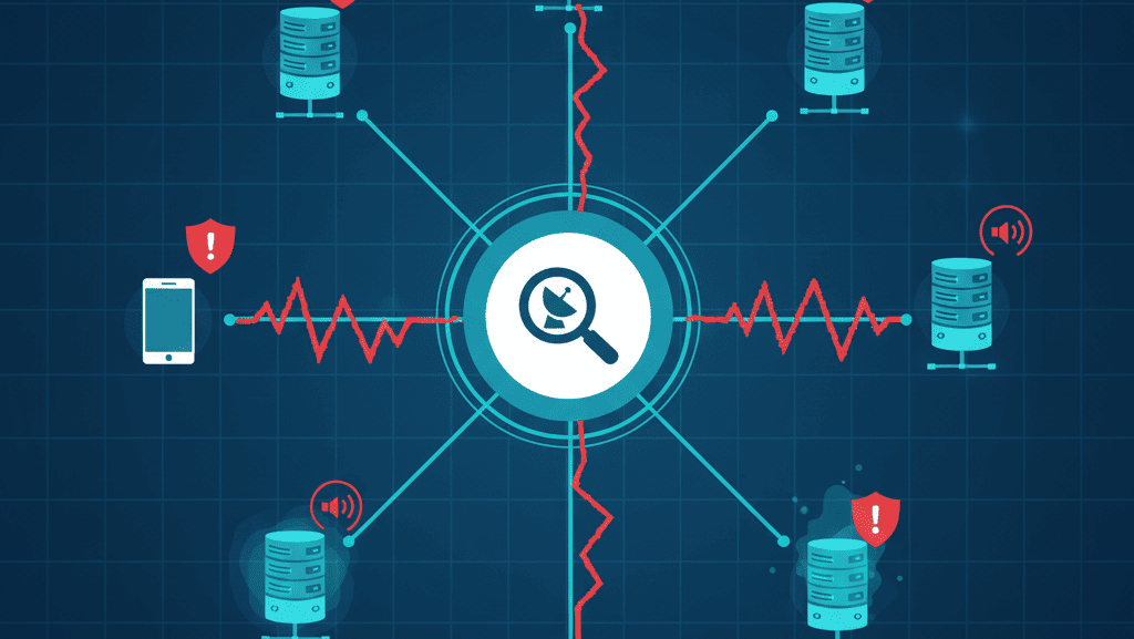 "Graphic representation of network security analysis, showing interconnected servers and mobile devices with warning symbols for detected anomalies."