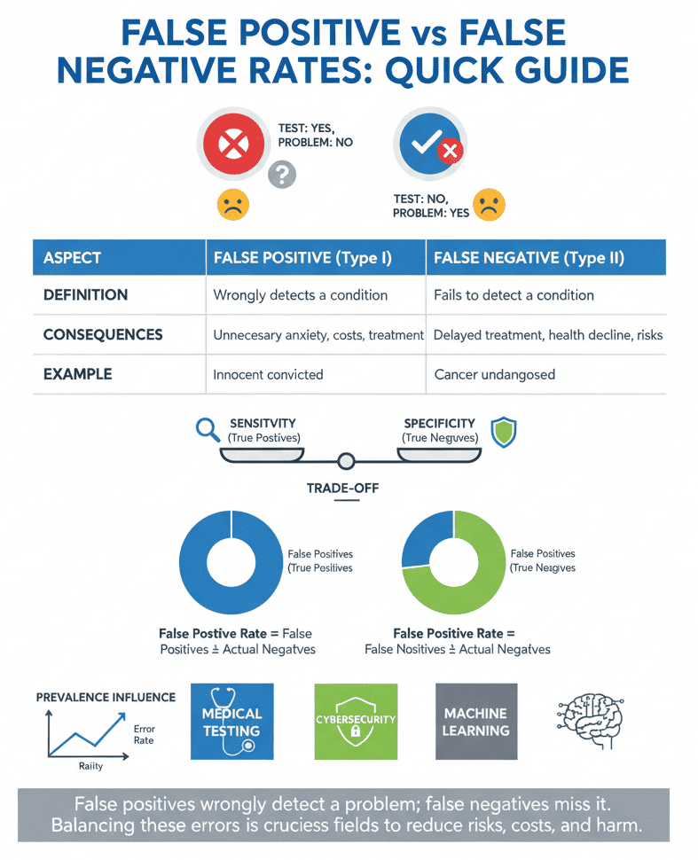 Infographic detailing the differences between false positive and false negative rates with examples and consequences.