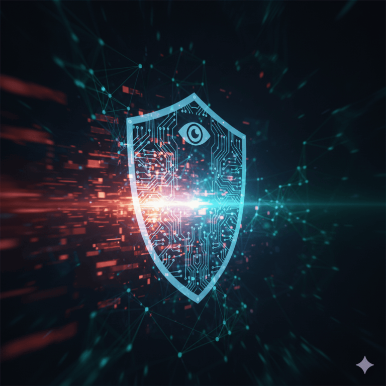 Futuristic cybersecurity shield with intricate circuit board patterns and dynamic data flows