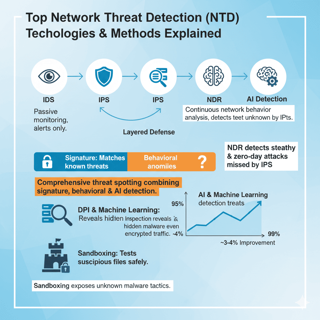 "An infographic explaining top network threat detection technologies, featuring categories like IDS, IPS, and AI detection."