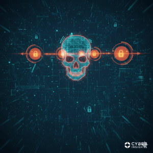 A graphic featuring a stylized skull made of digital elements, surrounded by padlocks and glowing lines, representing cybersecurity themes.