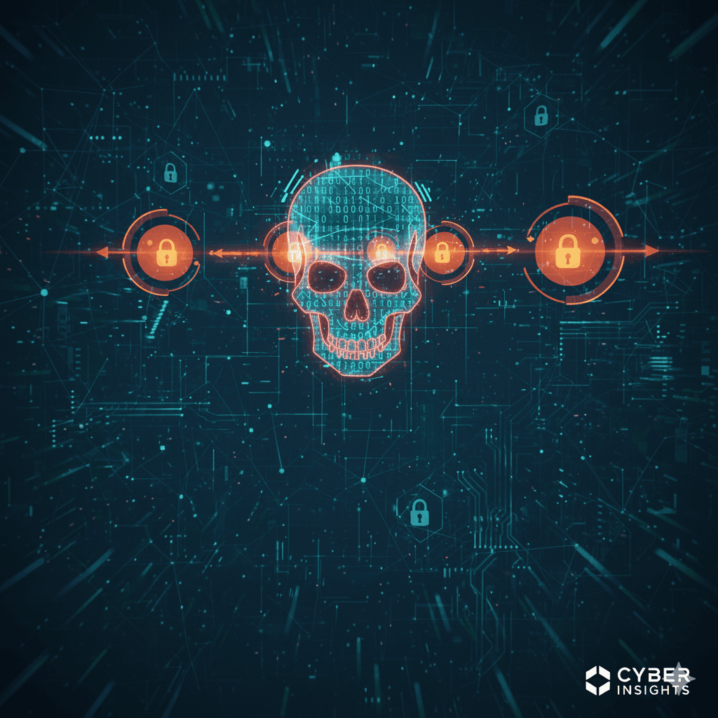 A graphic featuring a stylized skull made of digital elements, surrounded by padlocks and glowing lines, representing cybersecurity themes.