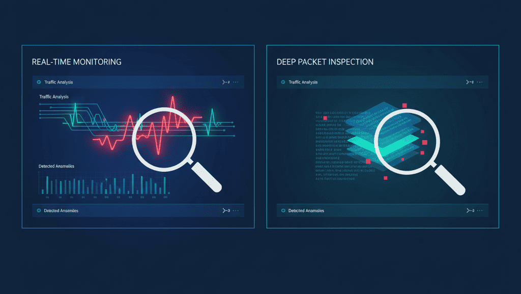"Visuals depicting real-time analysis of network traffic alongside deep packet inspection, highlighting detection of anomalies and potential threats."