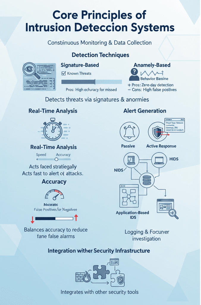 "Infographic detailing core principles of intrusion detection systems, including detection techniques and accuracy."