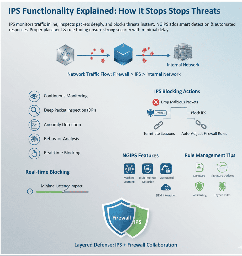 Informative graphic explaining how an IPS stops threats, including features like real-time monitoring and blocking.