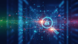 Artistic representation of a secure network environment, focusing on data protection with visual cues for alerts and monitoring threats."