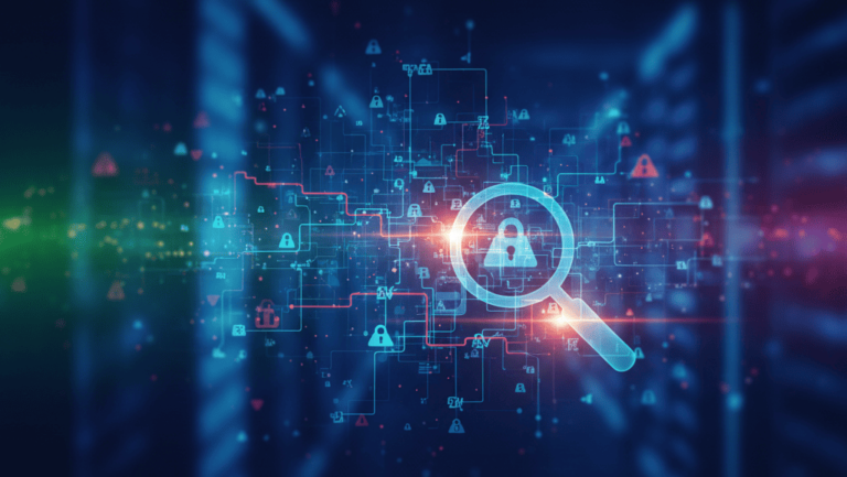 Artistic representation of a secure network environment, focusing on data protection with visual cues for alerts and monitoring threats."