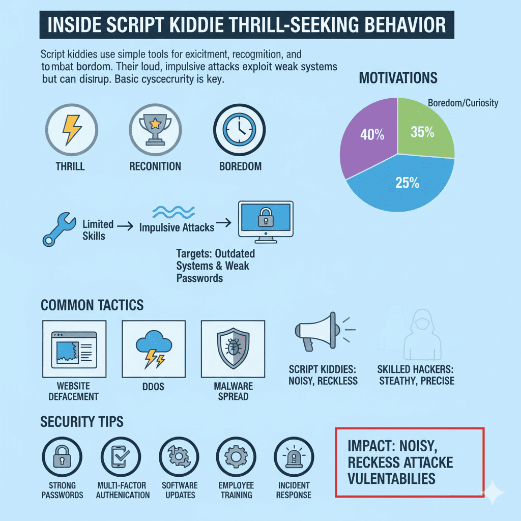 "Infographic detailing the motivations, tactics, and security tips related to script kiddie hacking behavior."