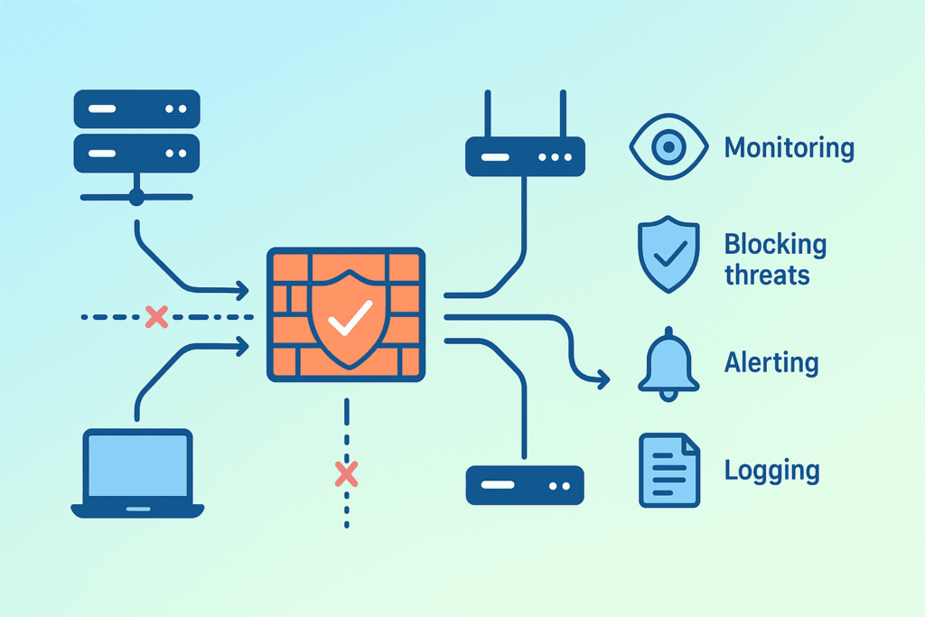 Firewall intrusion prevention system diagram showing network devices, threat blocking, monitoring, alerting, and logging functions to secure connections