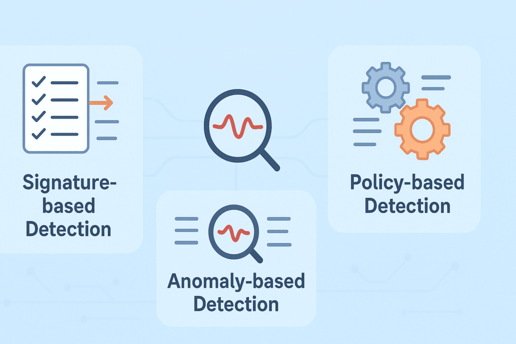Intrusion detection methods diagram displaying signature-based detection, anomaly-based detection, and policy-based detection approaches for threat identification