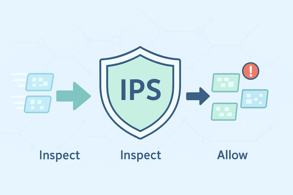 IPS inspection process flow diagram showing packets being inspected and allowed through the system with three stages