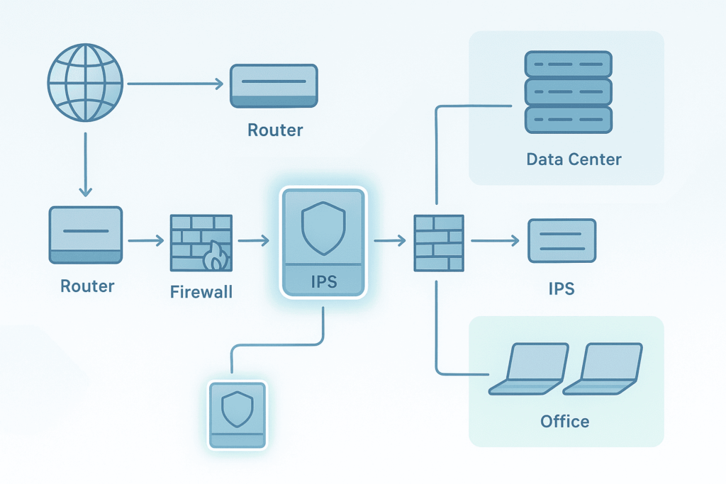 Network diagram displaying IPS inline mode placement between firewall and data center protecting office and internet traffic