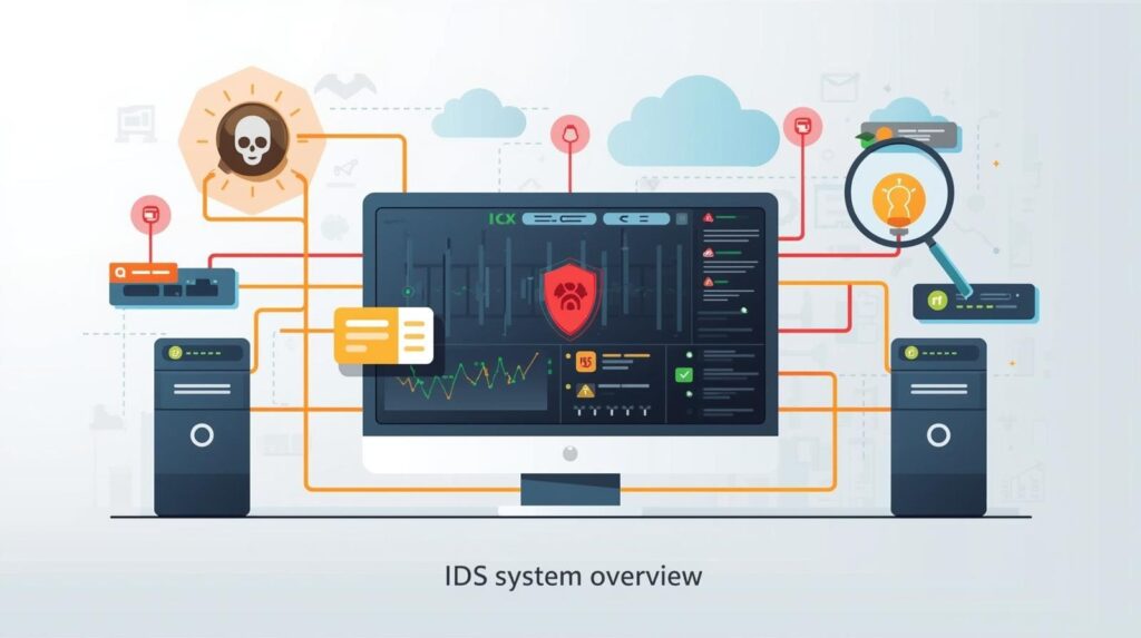 "A graphic showing an IDS setup, including servers, alerts for threats, and a visual representation of network traffic."