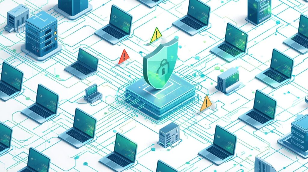 "Visual representation of cybersecurity infrastructure with interconnected devices and alerts indicating potential threats."