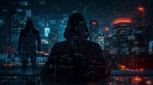 A mysterious figure observing a bustling urban environment at night, with graphic elements representing hacking or data breaches surrounding them.