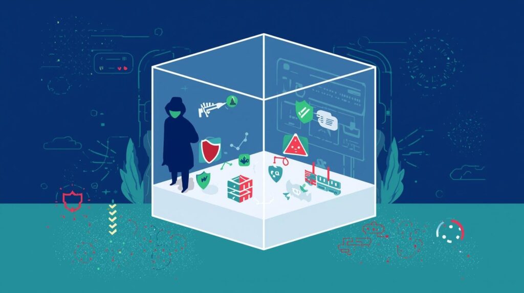 A conceptual image illustrating cybersecurity measures within a protective environment, featuring various shields and threats.
