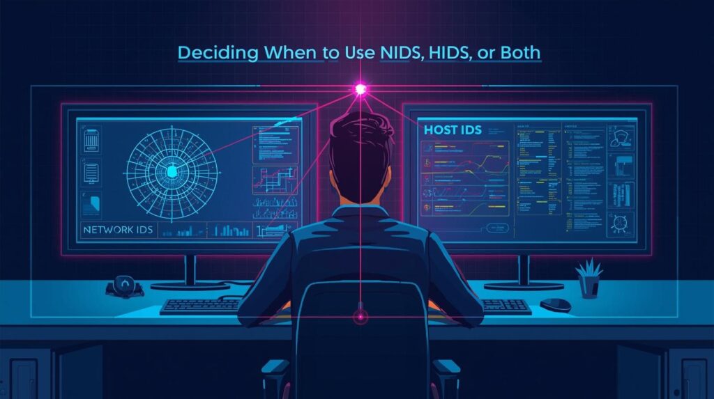 A cyber security professional in front of computer screens, analyzing data to determine the use of network and host intrusion detection systems.