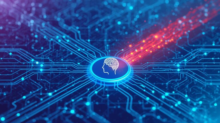 An abstract representation of artificial intelligence, featuring interconnected circuits and a brain icon at the center, with beams of light illustrating data movement.