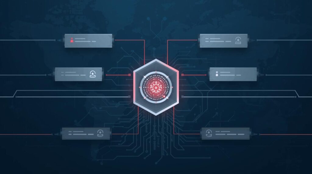 "Visual depiction of a network monitoring system with a central node and multiple connections to user data panels."