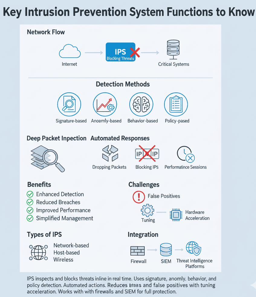 "A detailed overview of an Intrusion Prevention System, highlighting network flow, detection methods, and integration challenges."