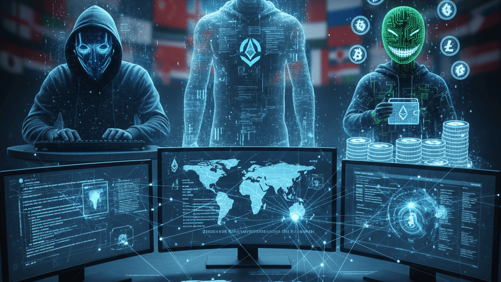 cybercriminals in a dark room using multiple monitors, with graphical elements suggesting hacking and digital currencies.
