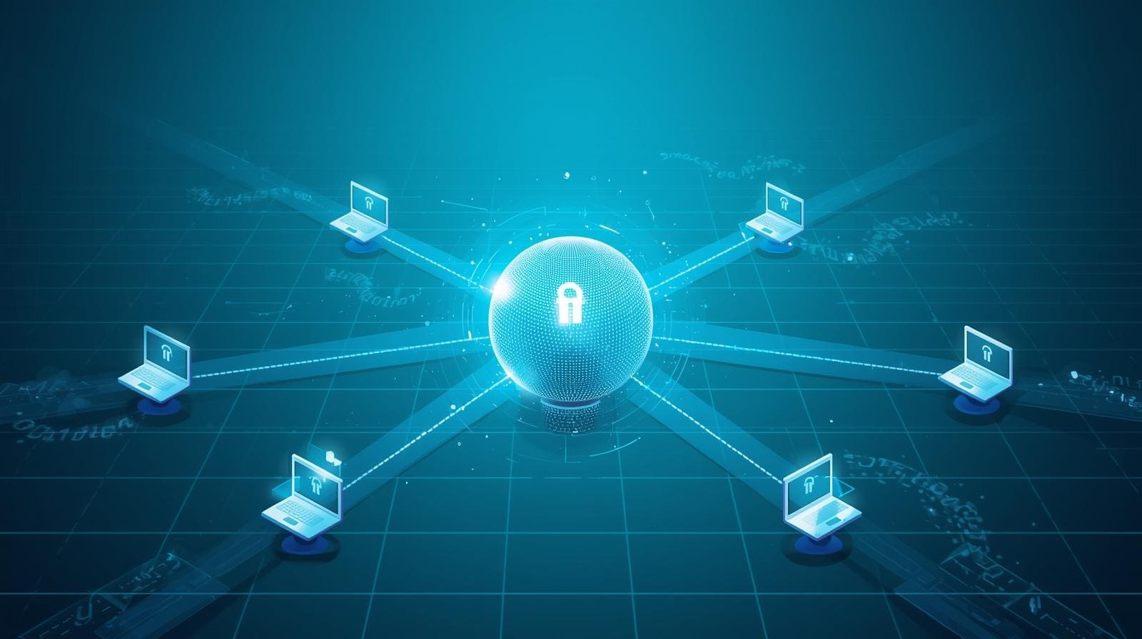 "Cybersecurity professionals at work, analyzing alerts on dual monitors, with a shield icon emphasizing data protection."