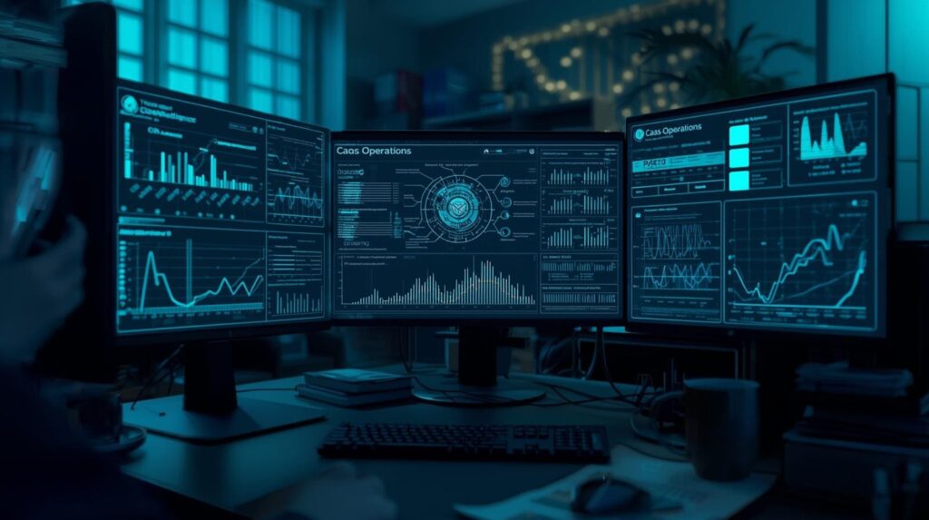 A workspace featuring multiple screens filled with blue-toned charts and metrics, indicating real-time data analysis.