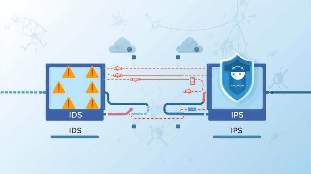 "Diagram displaying the interaction between IDS and IPS, with alert symbols for IDS and a shield icon for IPS, along with data flows."