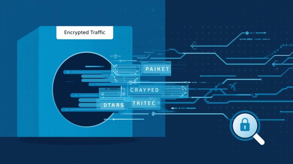 An illustration of data packets flowing from a blue container, highlighting the concept of encrypted traffic with various word labels and a padlock symbol.