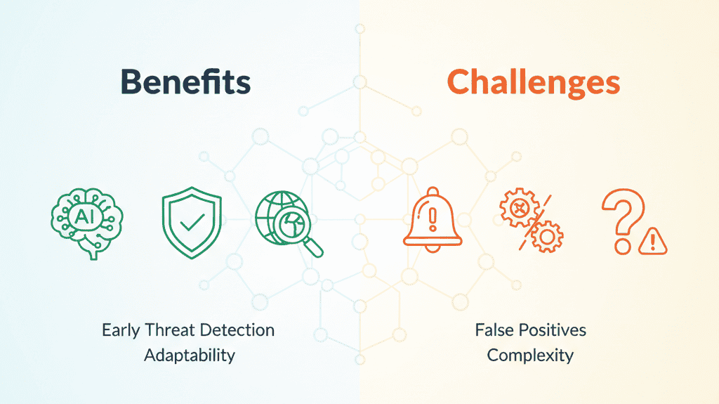 An infographic highlighting the advantages and challenges of AI in security, with icons representing benefits on the left and challenges on the right.
