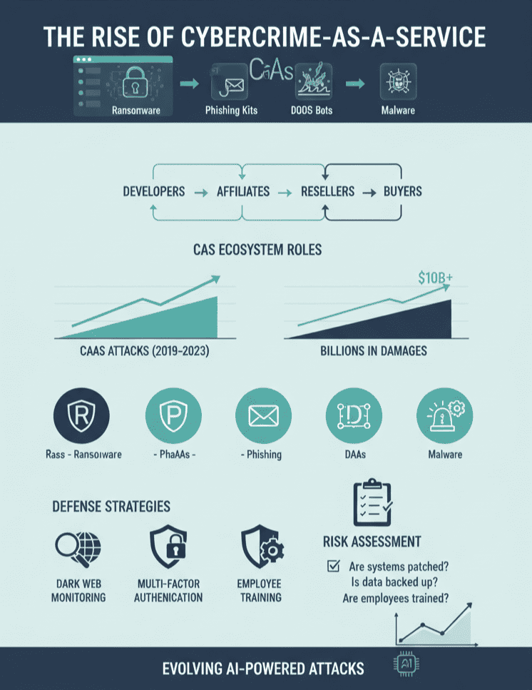 Informational graphic presenting the evolution of cybercrime, showcasing trends in ransomware, phishing, and defense strategies.