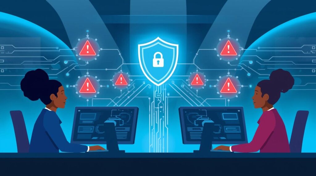 "A cybersecurity setup showing a person engaged with analytics, highlighted by a central shield and icons for security and finance."