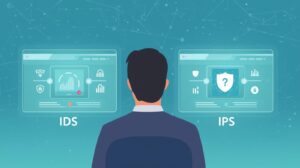 "A person sitting at a desk, viewing two screens labeled IDS and IPS, illustrating the roles of detection and prevention in cybersecurity."