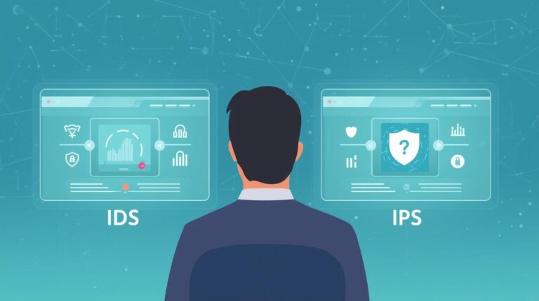 "A person sitting at a desk, viewing two screens labeled IDS and IPS, illustrating the roles of detection and prevention in cybersecurity."
