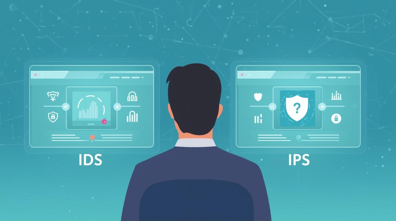 "A person sitting at a desk, viewing two screens labeled IDS and IPS, illustrating the roles of detection and prevention in cybersecurity."