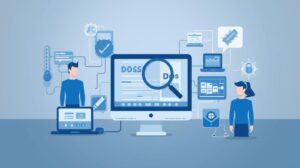 Graphic showing two professionals analyzing security data on screens, connected to various digital security icons and tools.