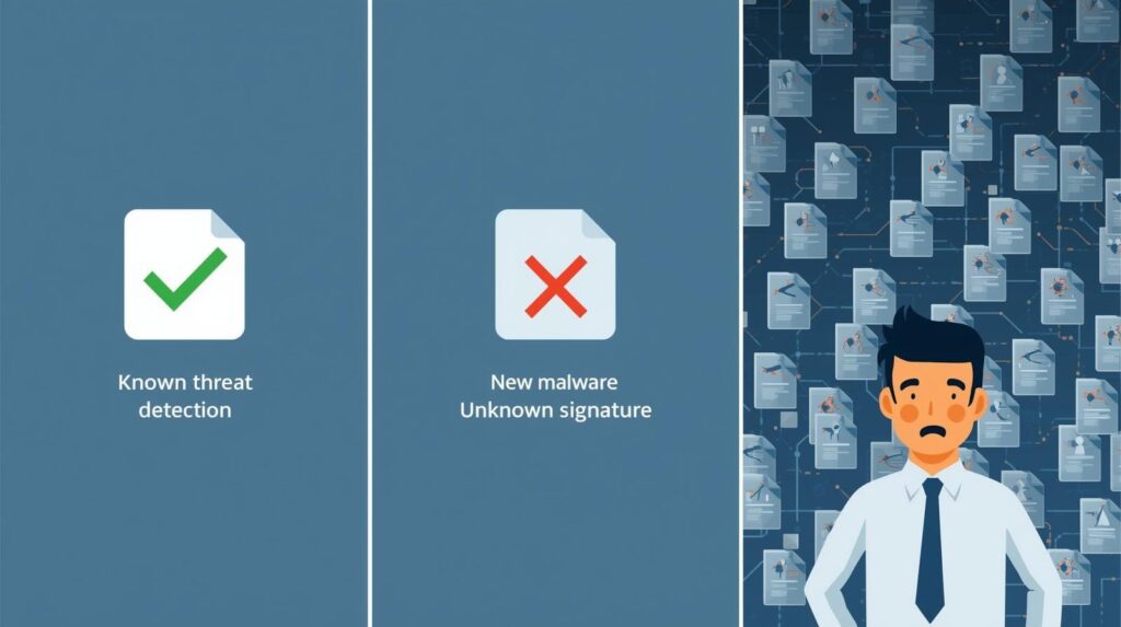 A comparison graphic featuring two files: one marked with a check for known threat detection and another with an "X" for new malware with an unknown signature, alongside a concerned character.