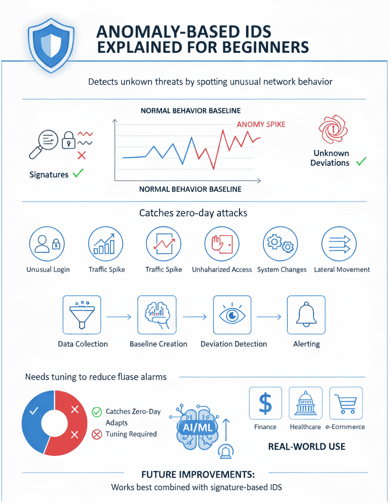 An informative graphic explaining anomaly-based IDS, detailing how it detects unknown threats by monitoring unusual network behavior with a clear baseline comparison.