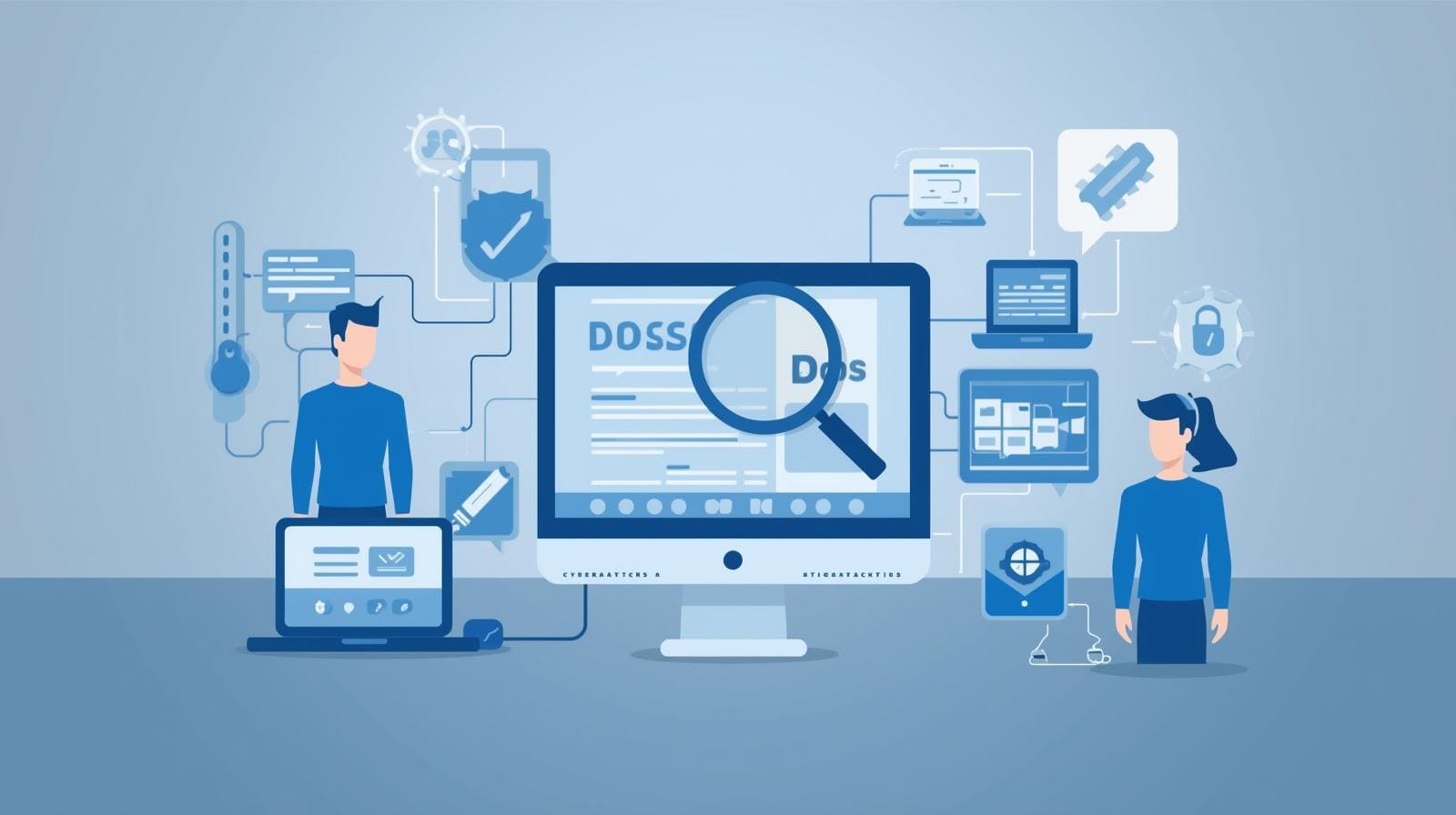 Graphic showing two professionals analyzing security data on screens, connected to various digital security icons and tools.
