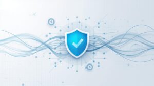 "Stylized blue shield symbolizing security, featuring a checkmark and abstract background elements."