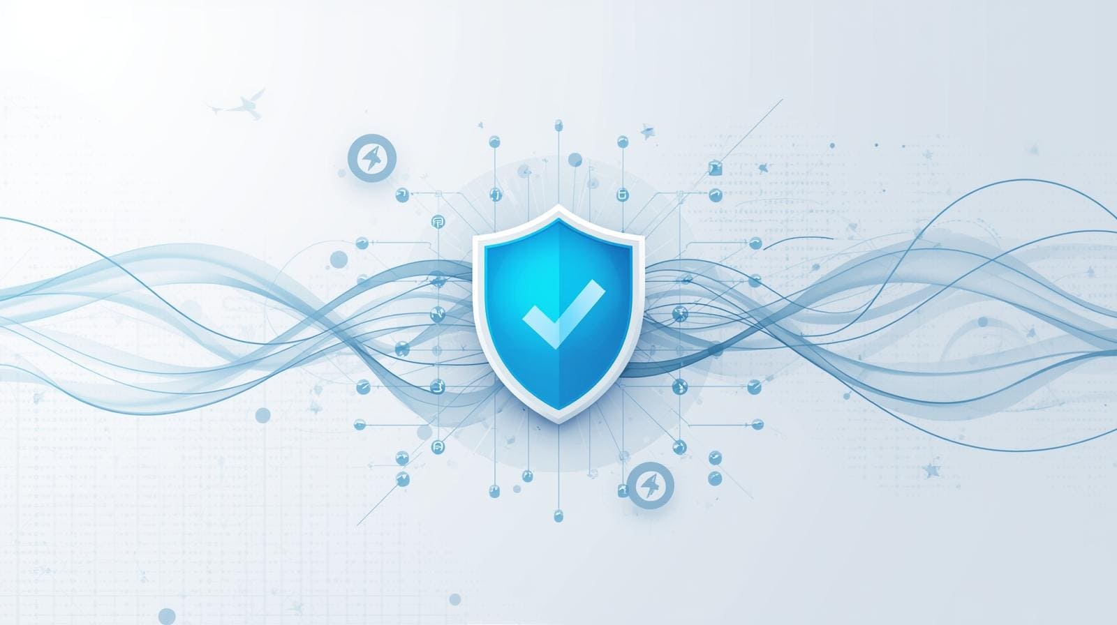 "Stylized blue shield symbolizing security, featuring a checkmark and abstract background elements."