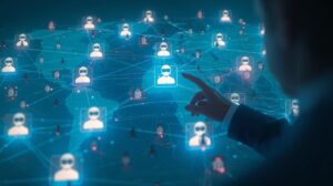 An abstract visualization of a world map with user icons and network connections, emphasizing themes of online security and surveillance.