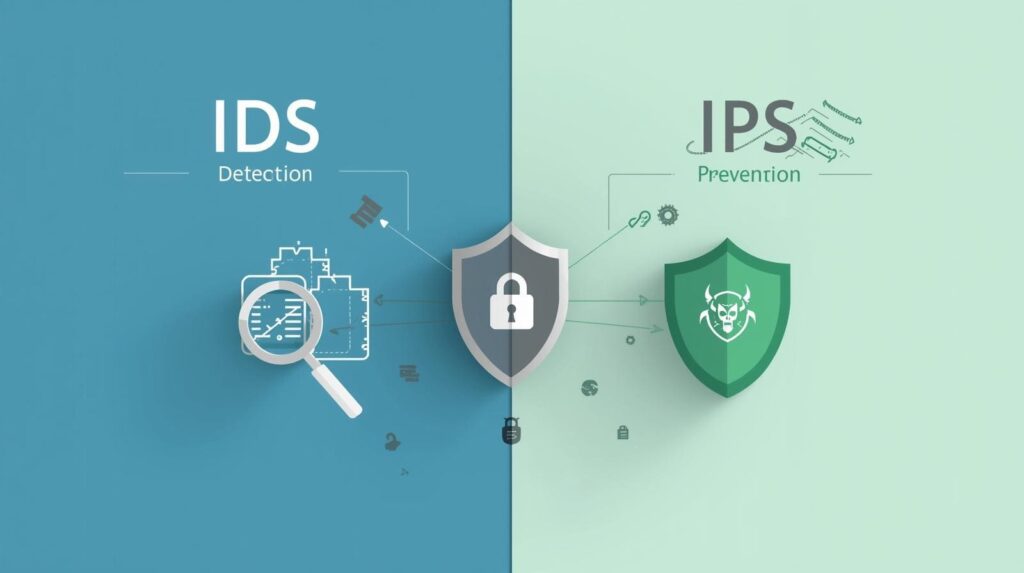 "Graphic representation of IDS and IPS systems, highlighting their distinct roles in cybersecurity with relevant icons and symbols."