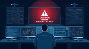 A person sitting in front of multiple computer screens, displaying data and an alert for an "UNKNOWN THREAT," emphasizing cybersecurity monitoring.