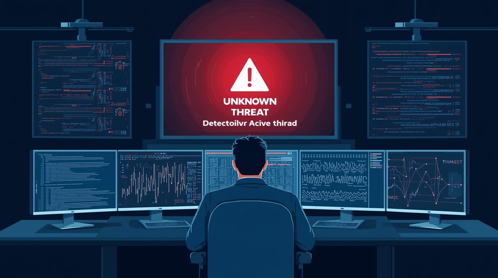 A person sitting in front of multiple computer screens, displaying data and an alert for an "UNKNOWN THREAT," emphasizing cybersecurity monitoring.